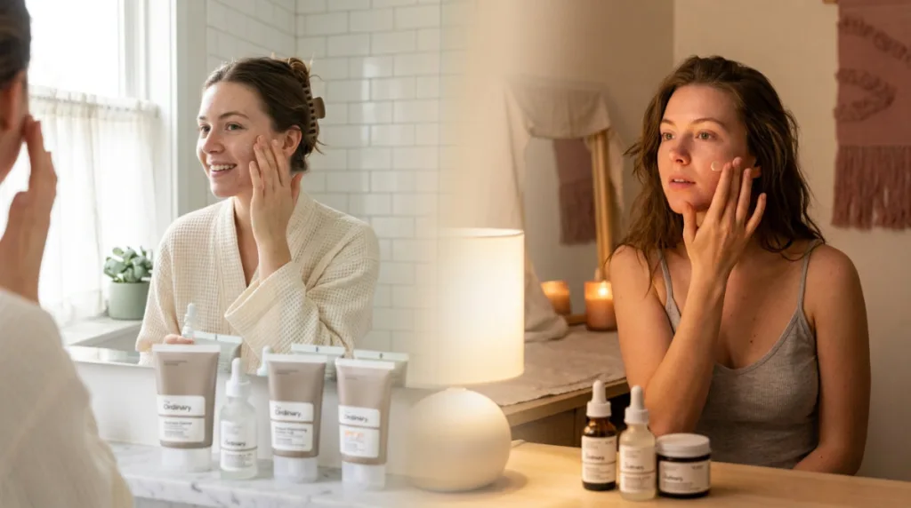 Woman applying The Ordinary dry skin routine in morning and evening light