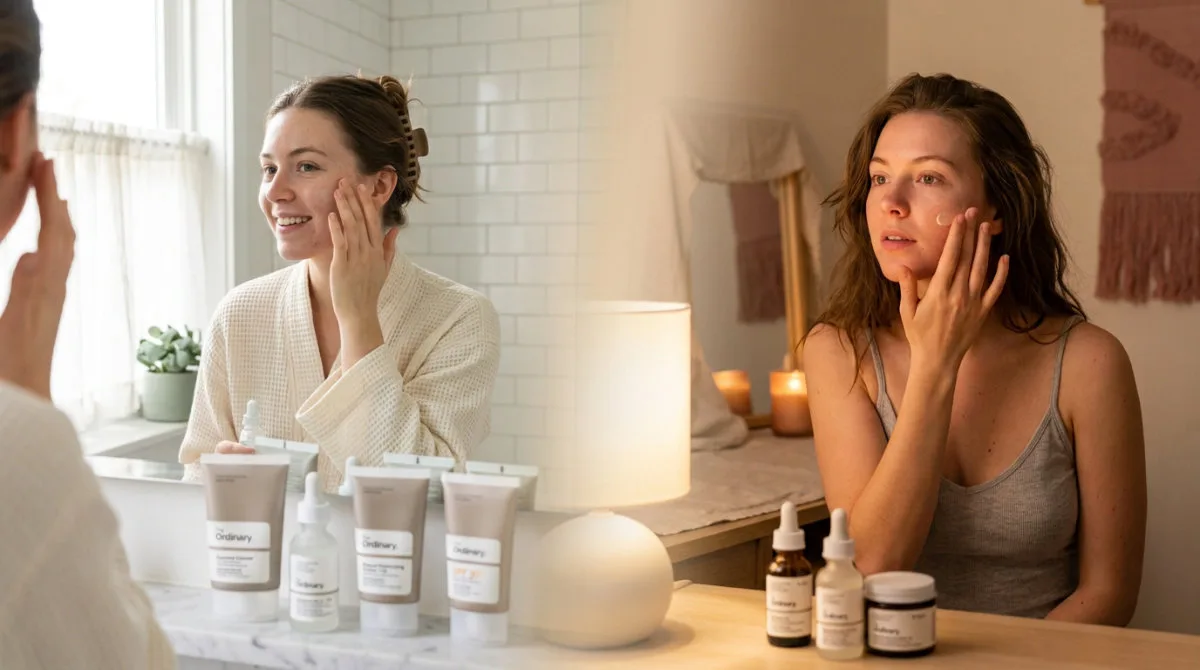 Woman applying The Ordinary dry skin routine in morning and evening light