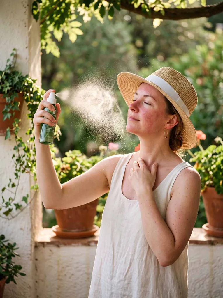 woman with rosacea-prone fair skin misting face with thermal water spray outdoors wearing straw hat