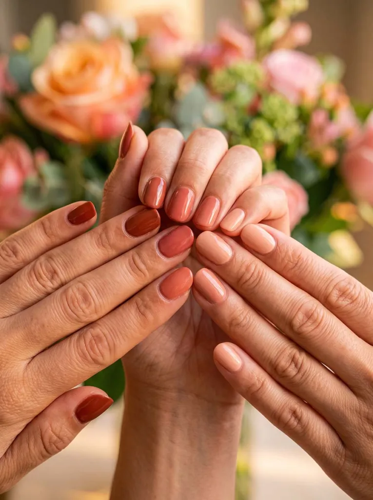 close-up of tonal palette bridesmaid manicures