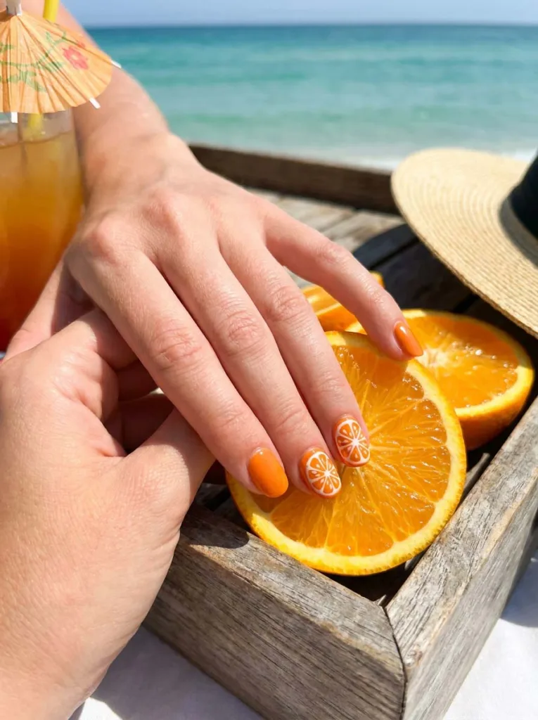 Hand with tiny orange slice nail art next to real orange slices on a beach tray