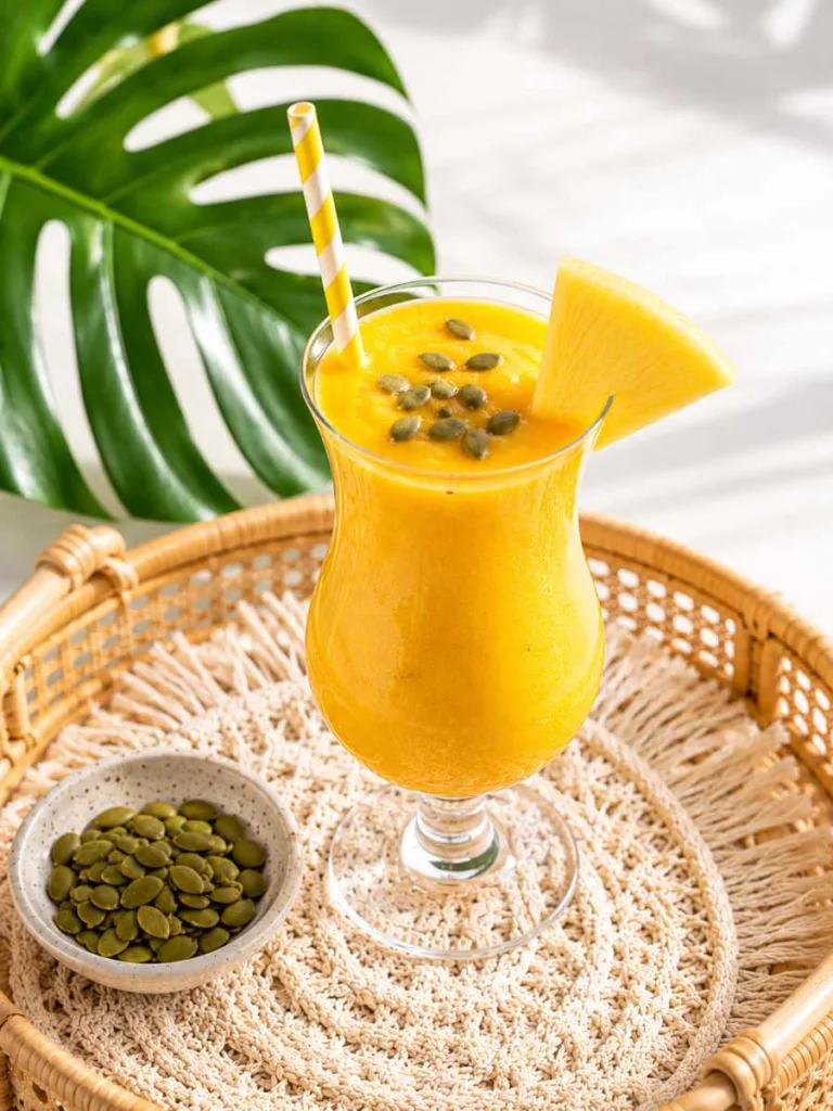 Tropical seed biotin smoothie recipe with pineapple garnish in a glass