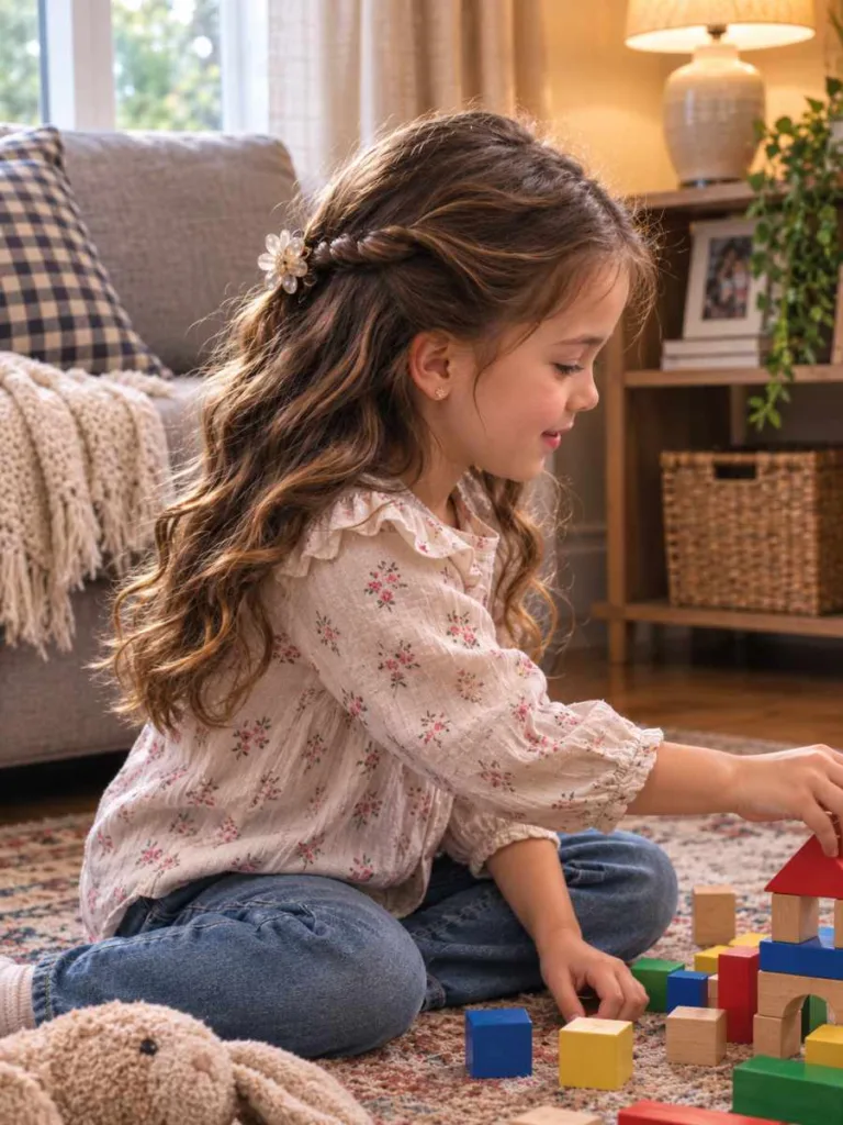 Child with a twisted half-up Thanksgiving hairstyle playing indoors