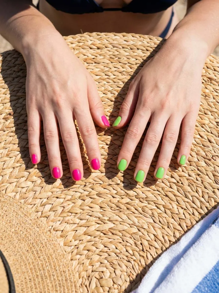 Two-tone neon nail design with hot pink and lime green