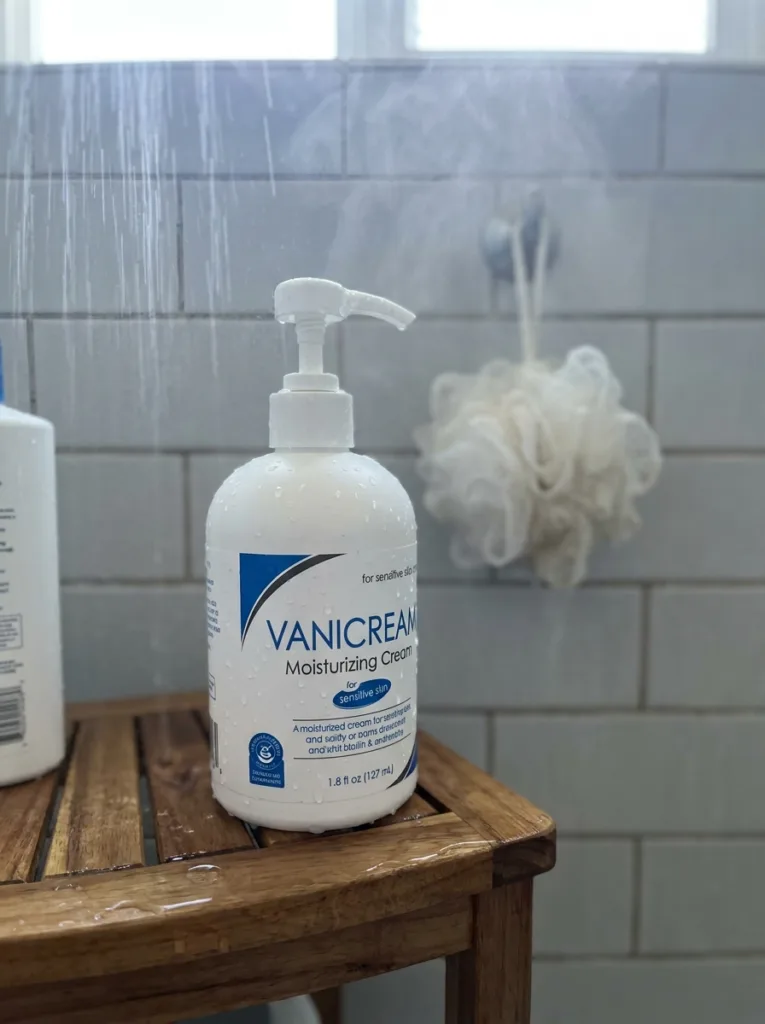 Vanicream gentle body wash bottle on a wet wooden shower shelf with steam and water droplets on grey subway tiles