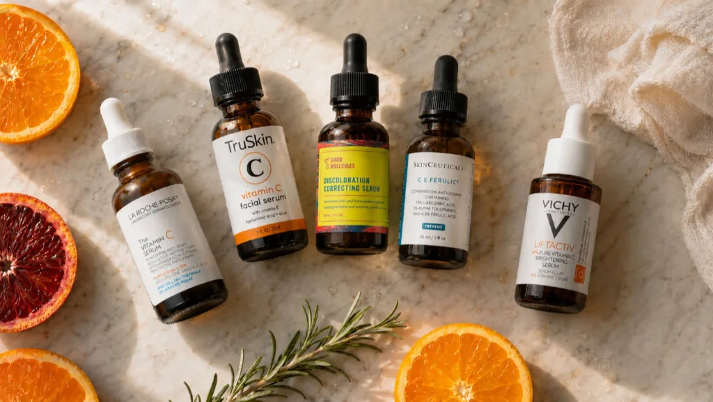Vitamin C serums for glowing skin arranged in a flat lay with citrus slices on warm marble