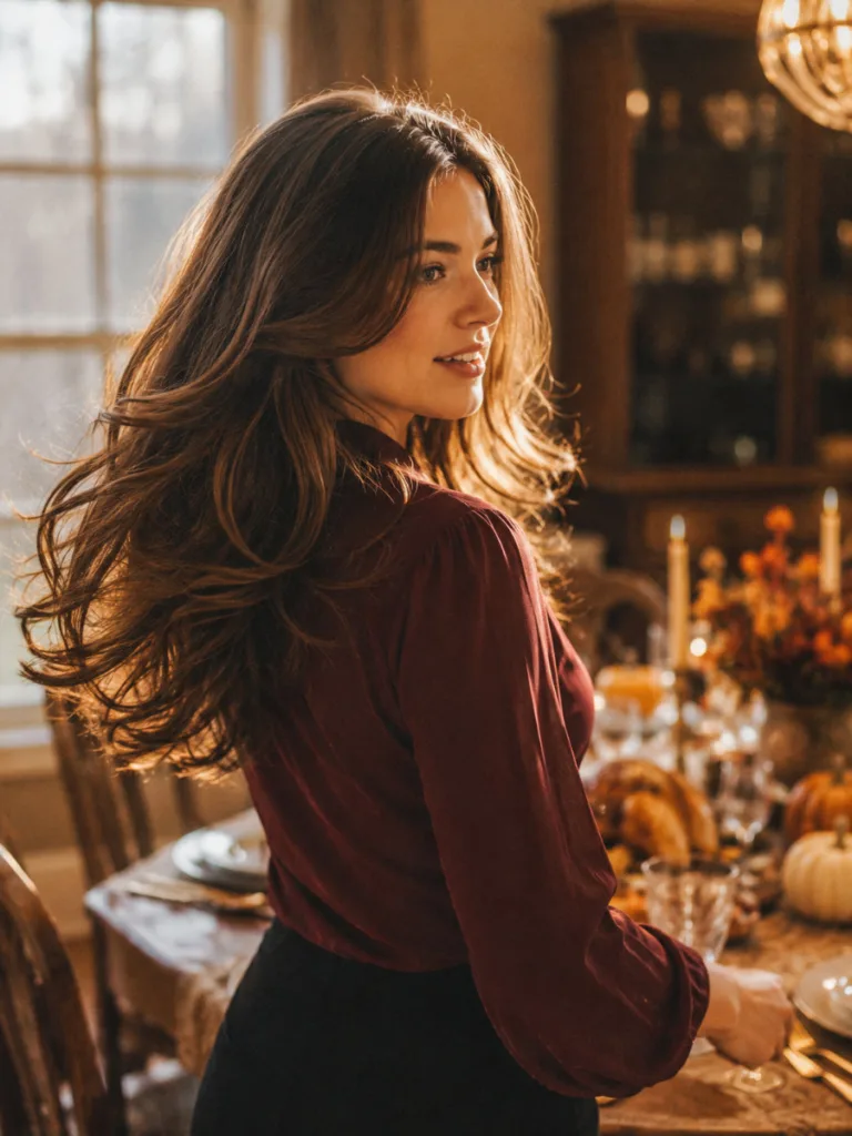 Woman with a voluminous blowout Thanksgiving hairstyle in a dining room at golden hour