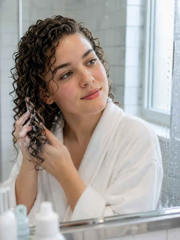 Woman scrunching curl cream into a defined wash-and-go Thanksgiving hairstyle