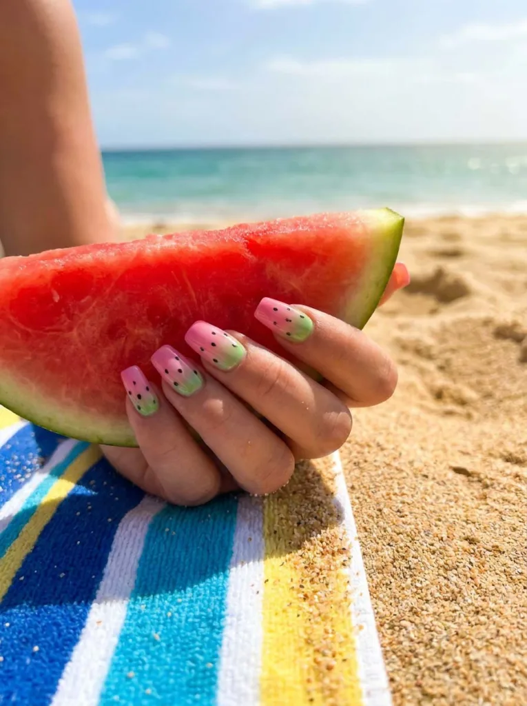 Watermelon tip summer nails holding a watermelon slice on a beach towel