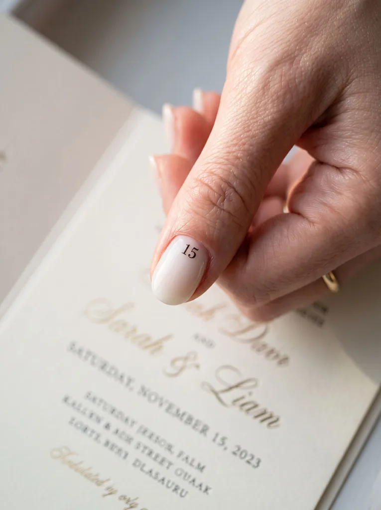 close-up of a wedding date accent nail resting on a wedding invitation