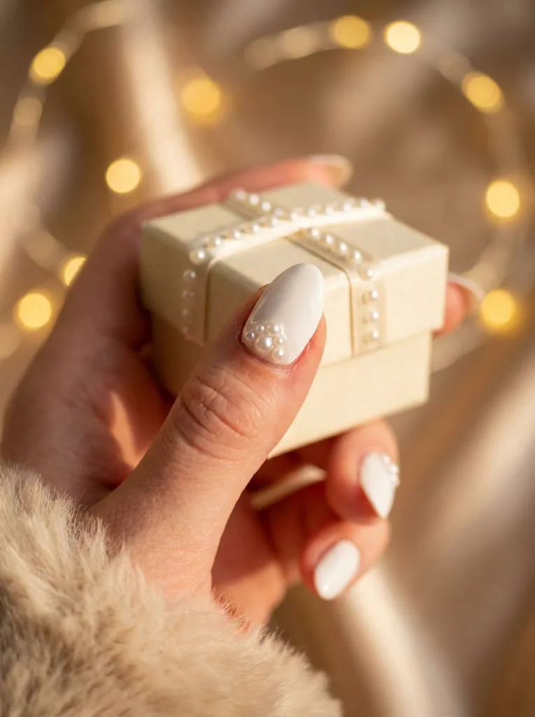 White nails with a 3D pearl cluster accent nail