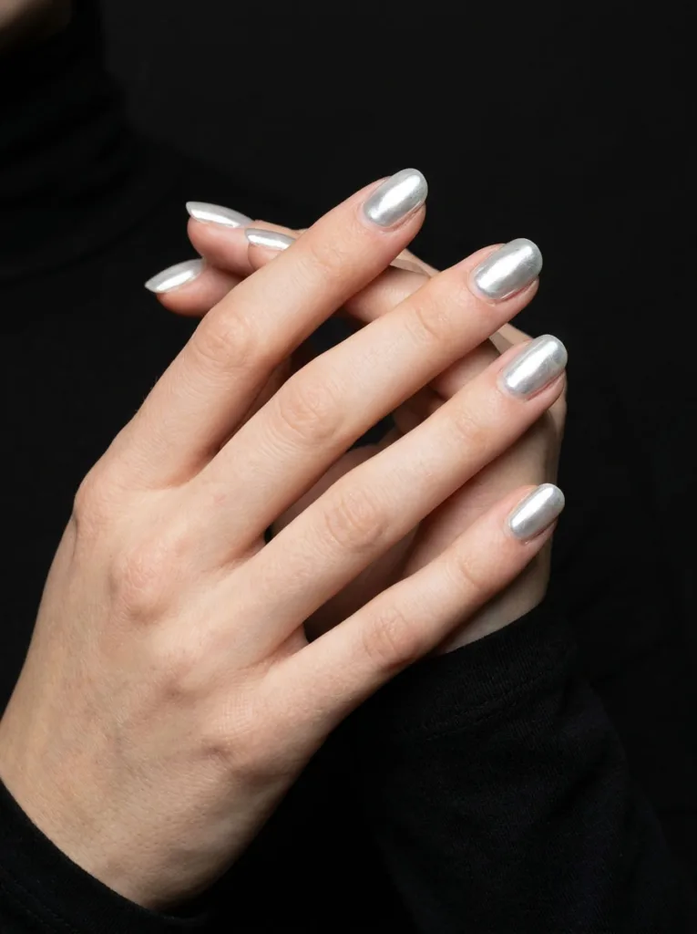 White chrome nails with a mirror-like icy finish