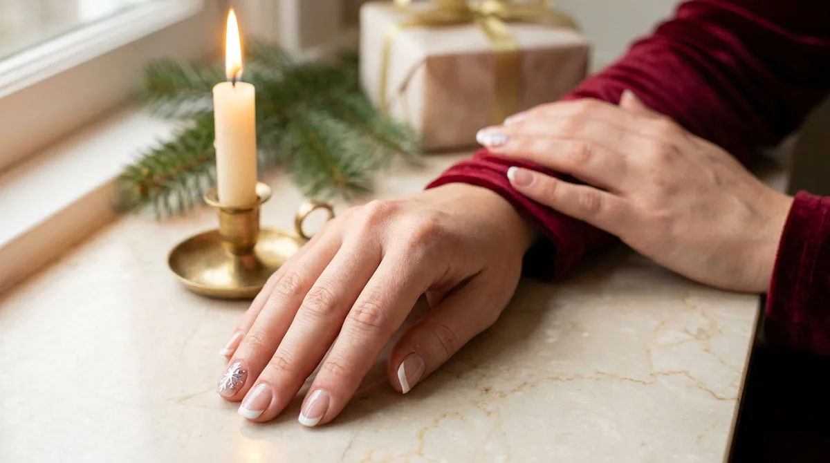 White Christmas nail designs featuring French tips and a hand-painted snowflake accent