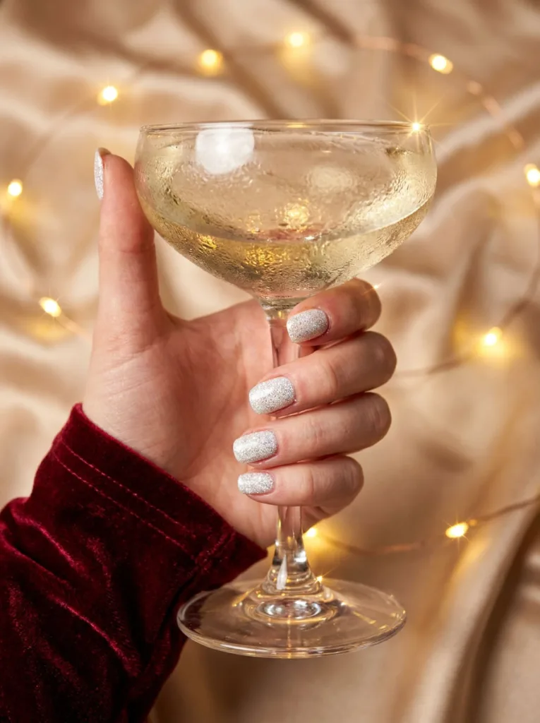 Full glitter white nails for a New Year's Eve manicure