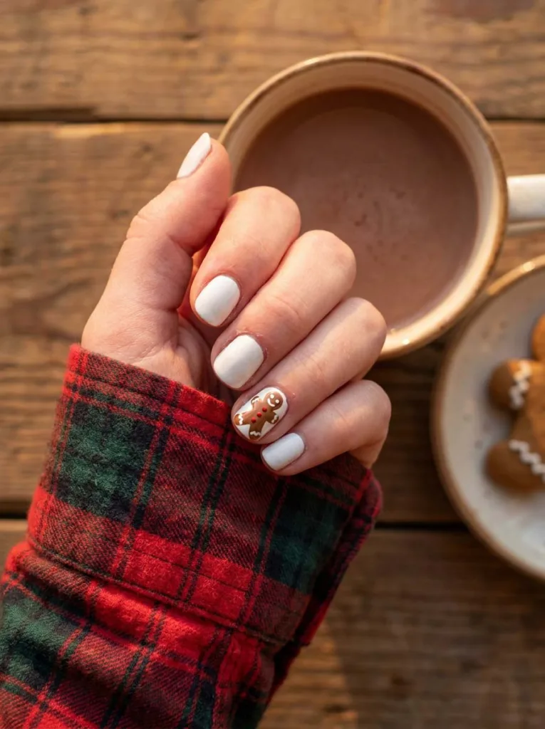 White nails with miniature gingerbread figure nail art