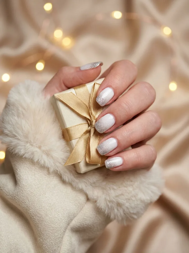White and silver glitter ombre nails fading toward the tip