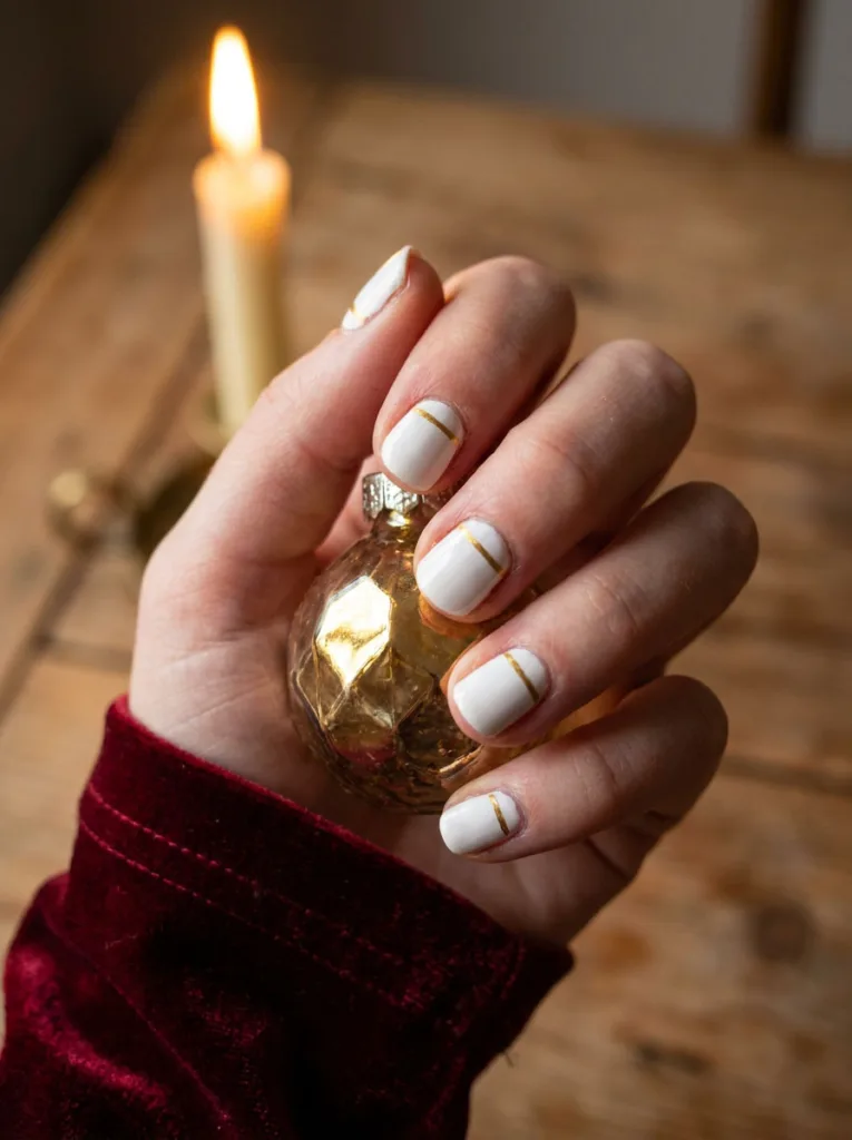 White nails with a thin gold cuticle line, a quiet glam holiday nail art idea