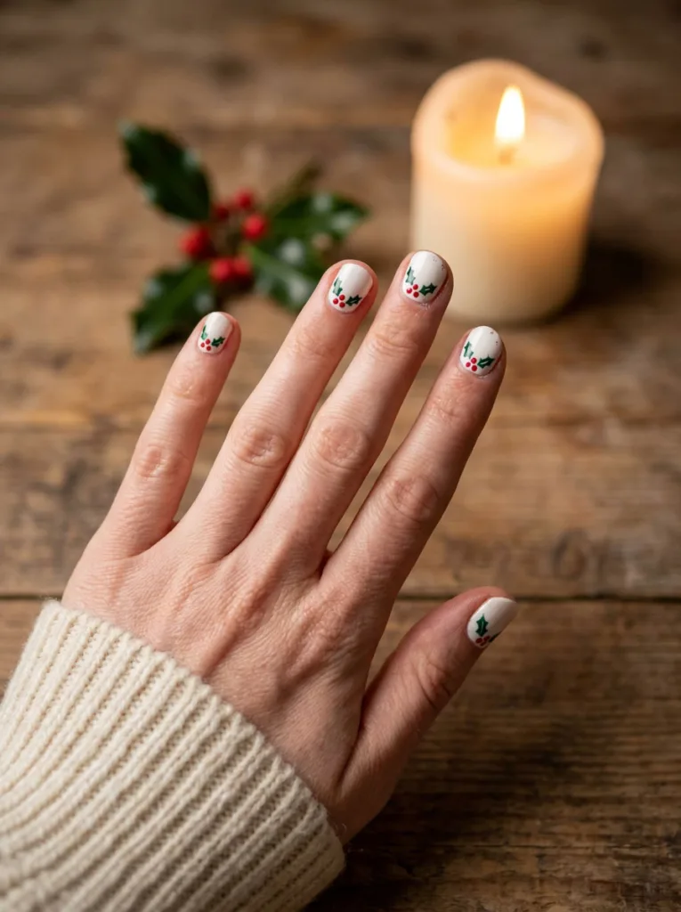 White nails with hand painted holly leaves and red berries