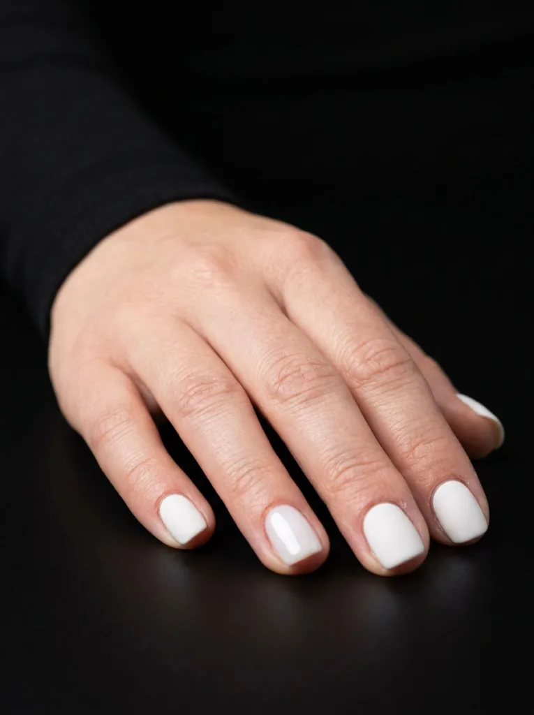 Matte white nails with one glossy accent nail, a minimalist holiday nail art idea