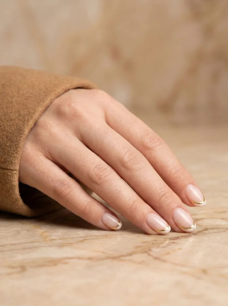 Micro French tip nails with a thin gold foil edge