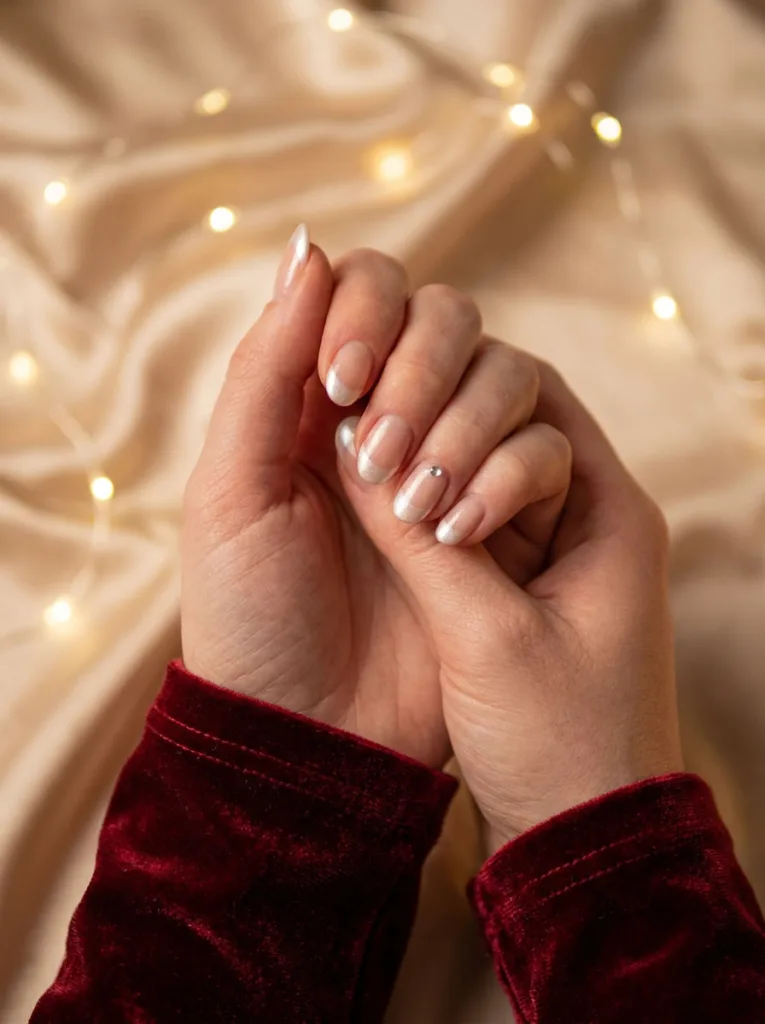 Pearl white French tip nails with a rhinestone accent