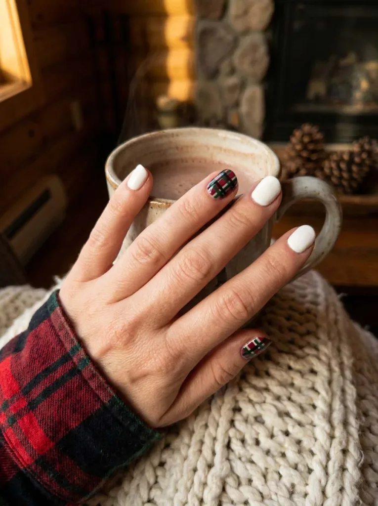 White nails with a cozy plaid accent nail design