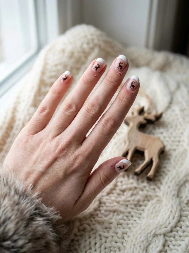 White French tip nails with reindeer silhouette nail art
