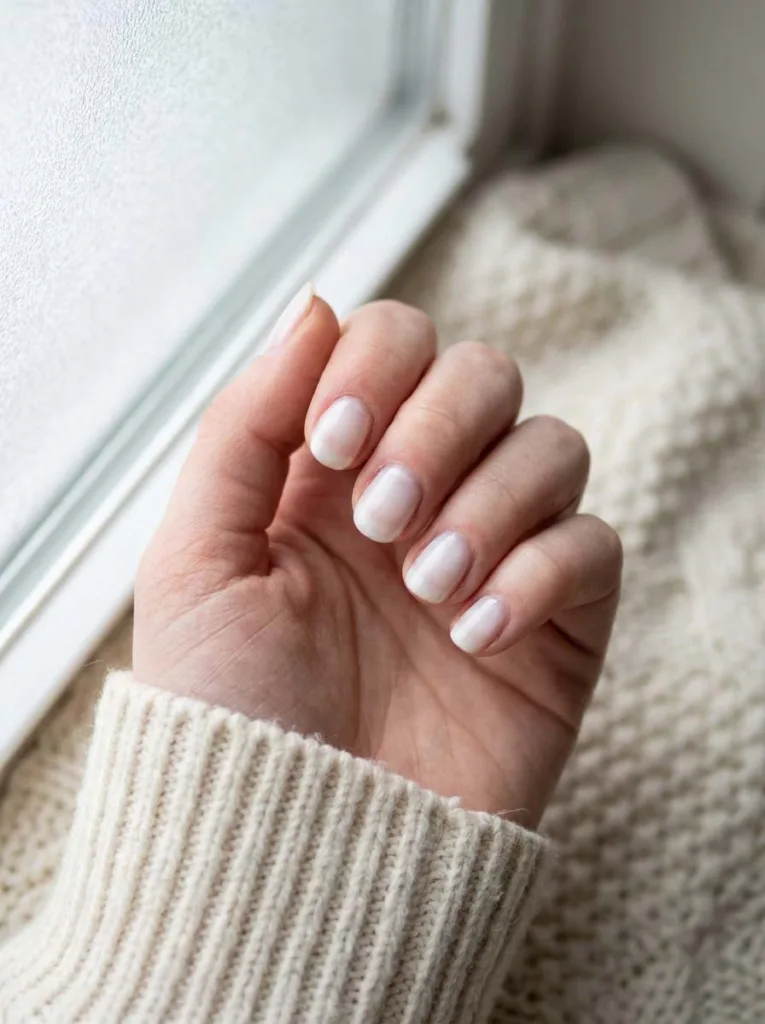Sheer white wash manicure with a barely-there frosted finish