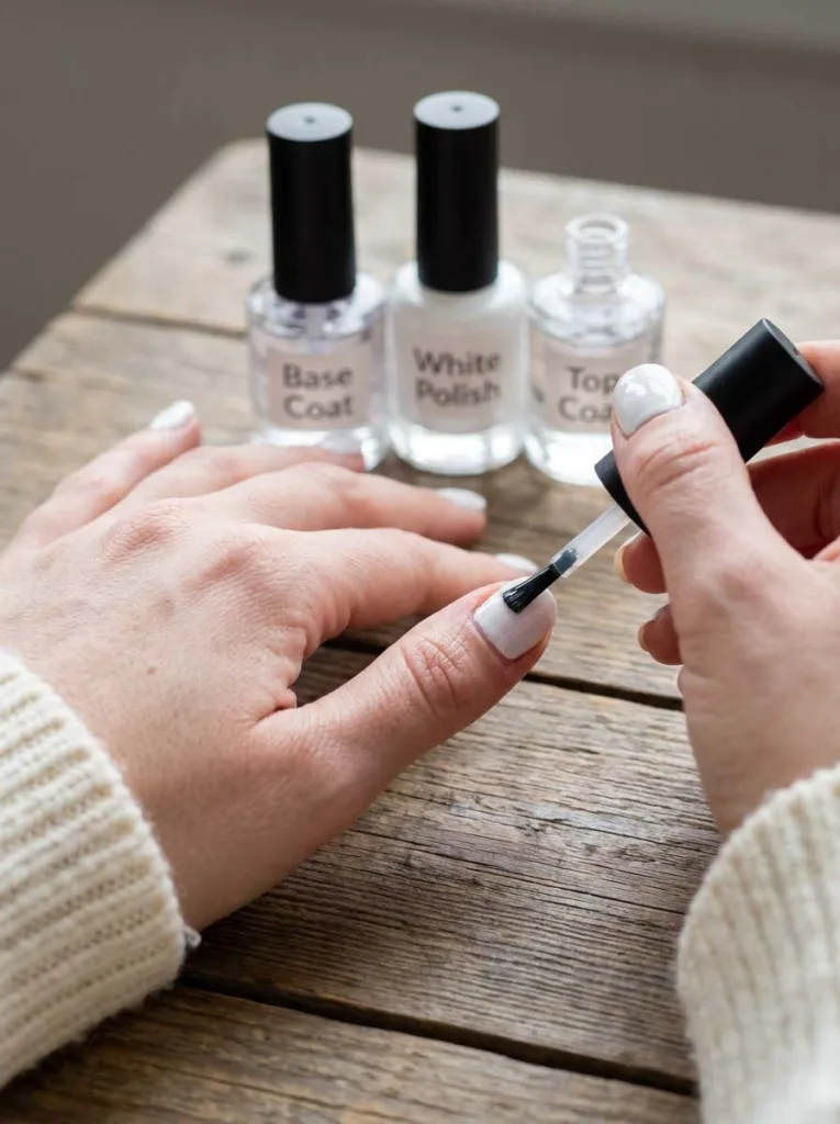 Applying a clear top coat to prevent white nail polish from yellowing
