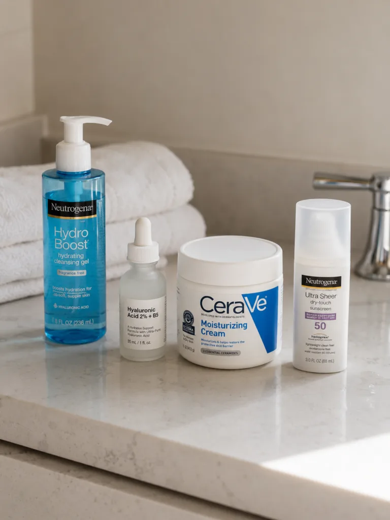 : 4-step winter morning skincare routine products lined up in order on a white quartz bathroom counter showing cleanser serum moisturizer and sunscreen