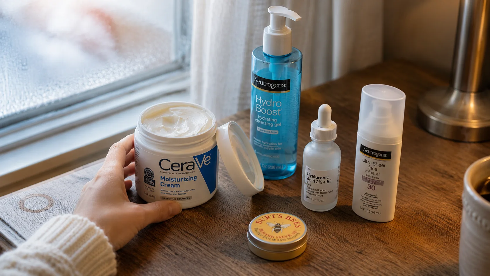 7 affordable winter skincare products arranged on a wooden vanity table in soft morning light beside a frost-touched window