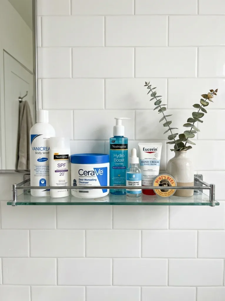 All 7 affordable winter skincare products arranged on a glass bathroom shelf with white subway tiles and a small eucalyptus sprig