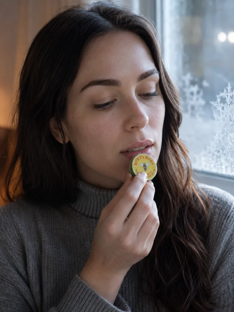 Fair-skinned woman with dark hair applying Burt's Bees beeswax lip balm near a frosted winter window in warm indoor light