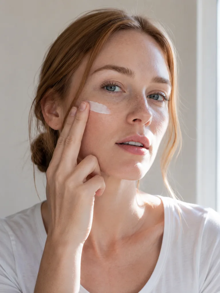 Fair-skinned woman with strawberry blonde hair applying Neutrogena Ultra Sheer SPF 50 sunscreen to her cheek in bright winter daylight