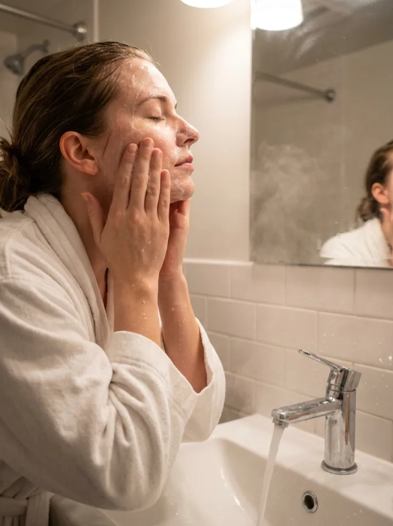 Fair-skinned woman with eyes closed washing her face with Neutrogena Hydro Boost cleansing gel at a bathroom sink in winter