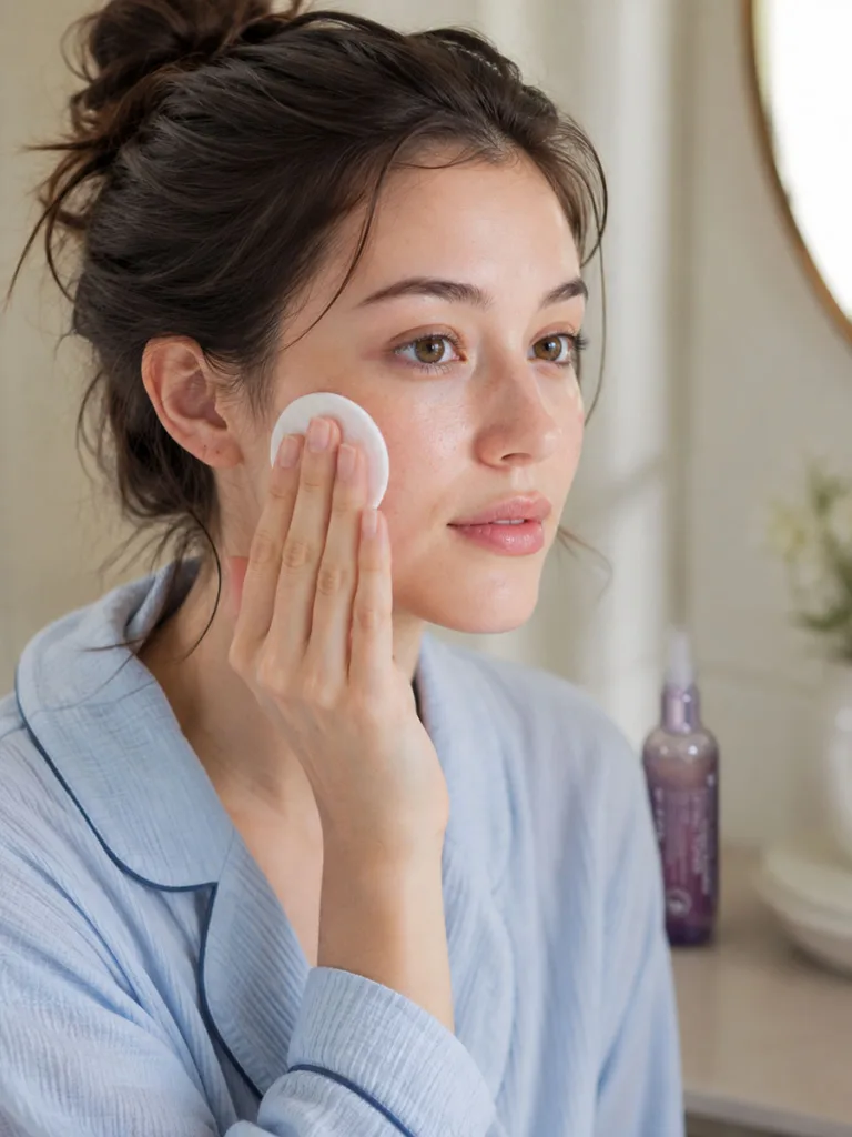 Woman gently patting toner onto her cheek with a cotton pad instead of rubbing