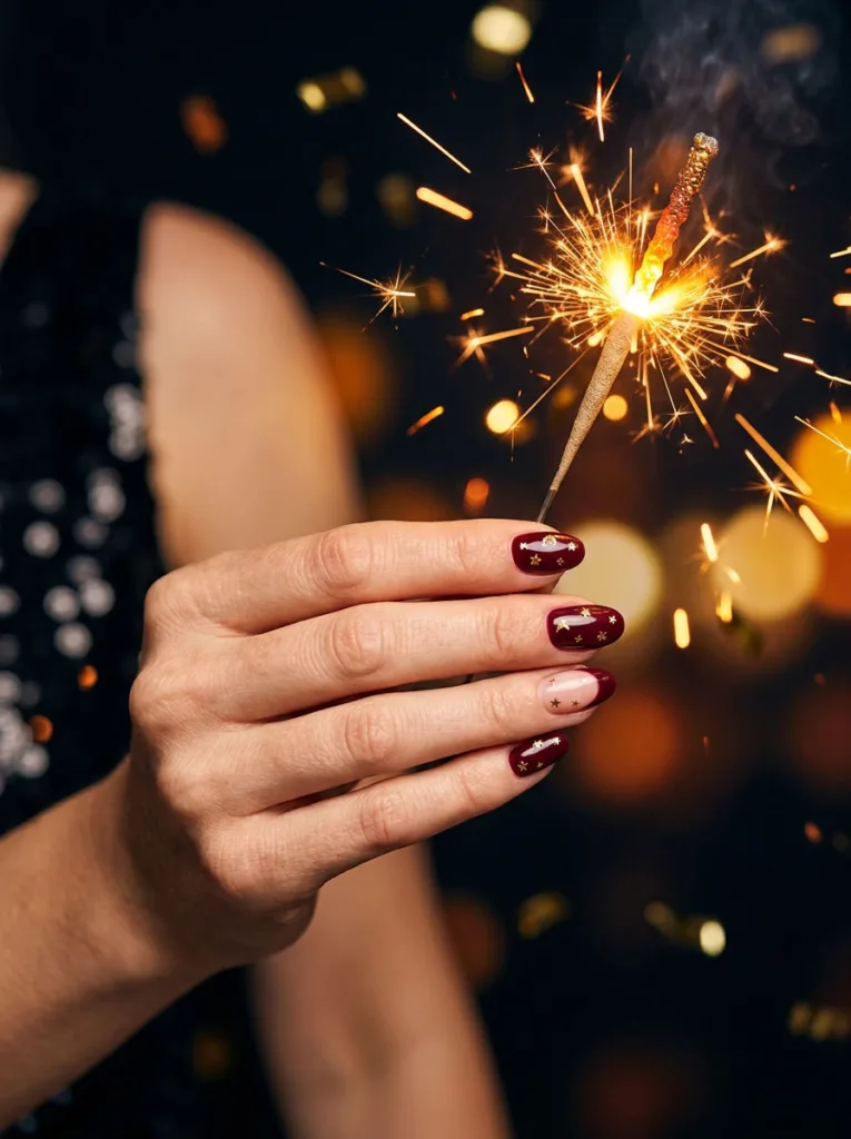 Hand with burgundy nails, gold star French tips, and a sparkler for New Year's Eve
