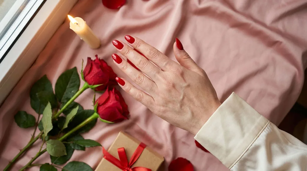 Fair-skinned hand with red almond valentines day nails resting among roses and candles