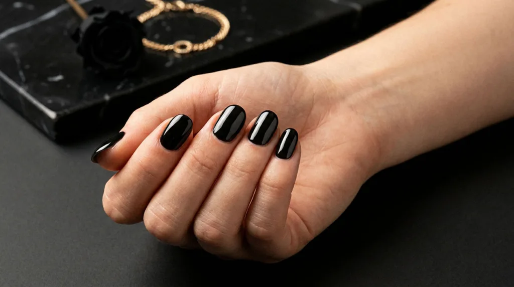 Close-up of a fair-skinned hand with a glossy black manicure, fingers loosely curled