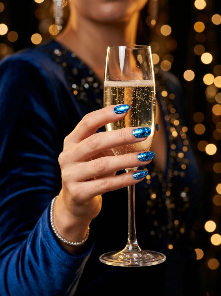 Metallic blue foil winter nails for a bold New Year's look
