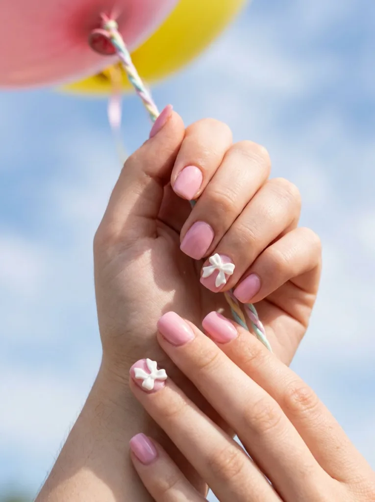 3D bow accent birthday nails with sculpted acrylic bow