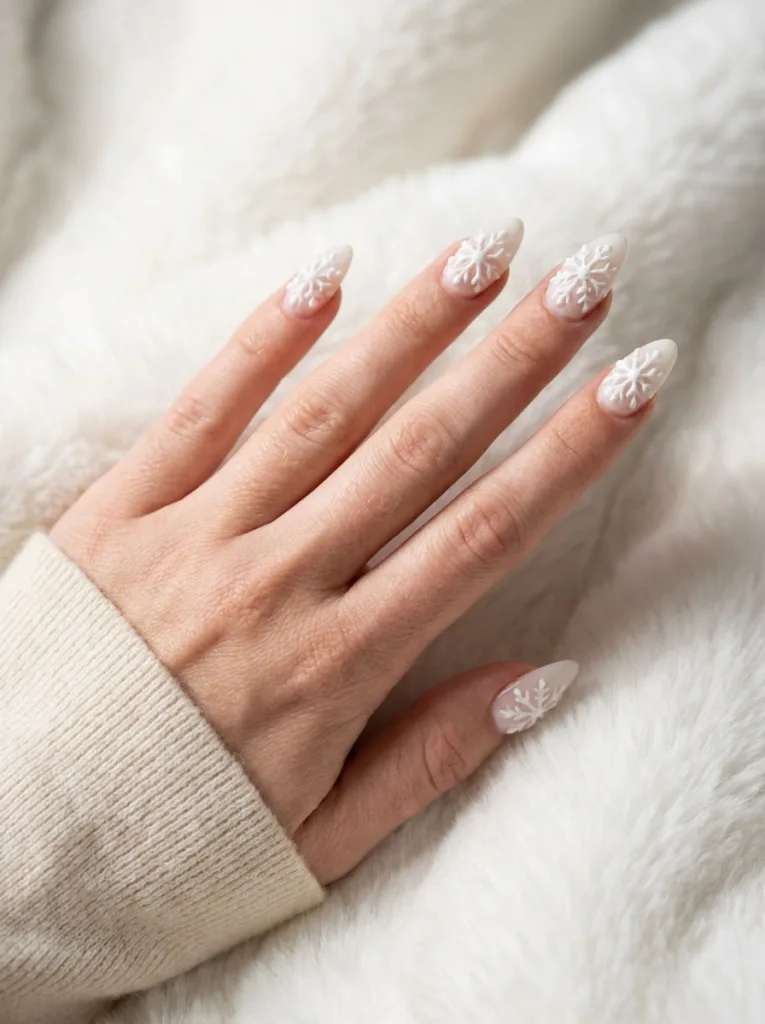 Fair-skinned hand on white fur throw with 3D snowflake christmas nails on long almond nails.