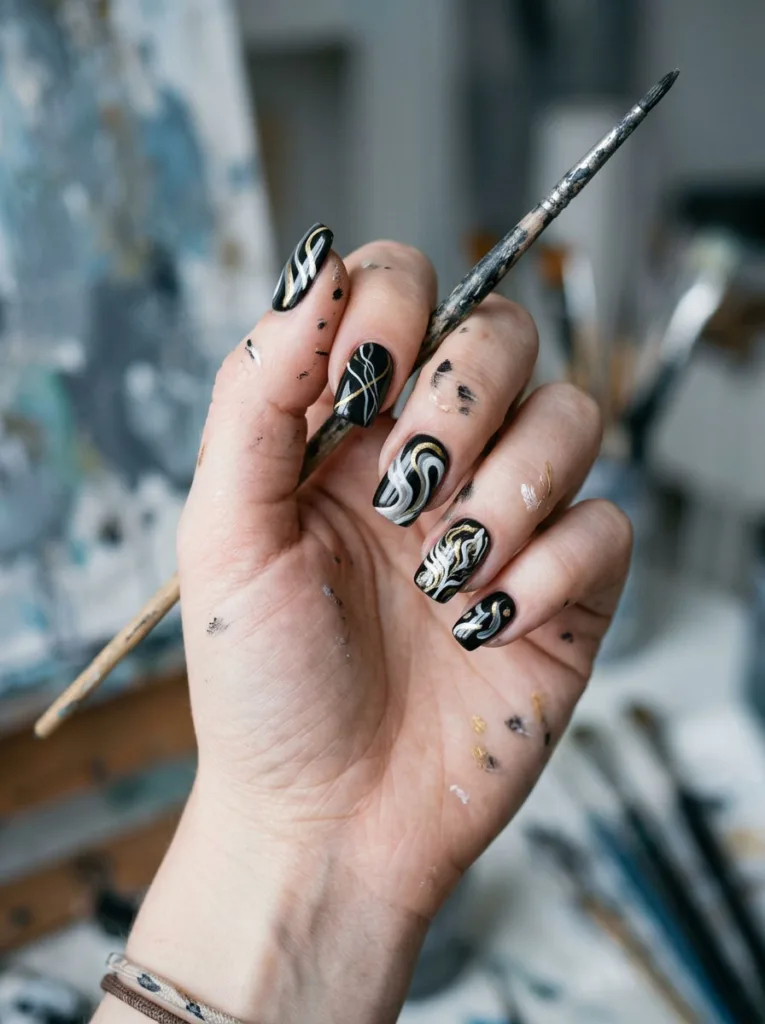 Close-up of a hand holding a paintbrush, abstract swirl nail art in black, white, and gold
