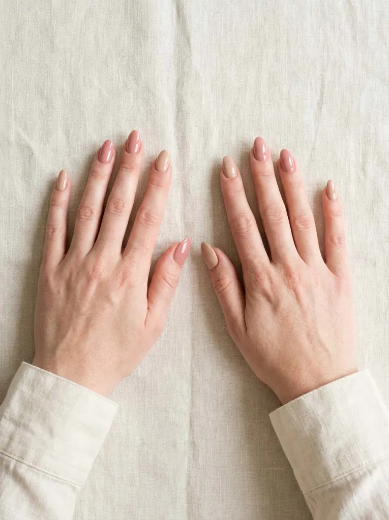 Two fair-skinned hands side by side showing alternating nude simple winter nail shades
