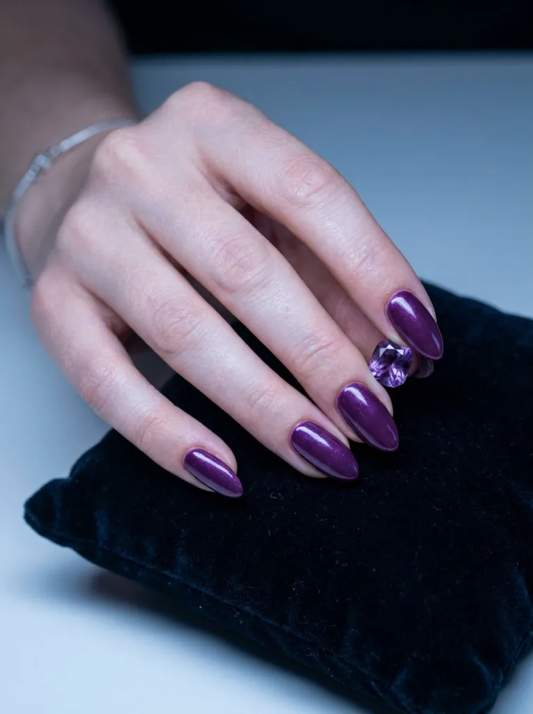 Amethyst purple birthstone birthday nails with shimmer