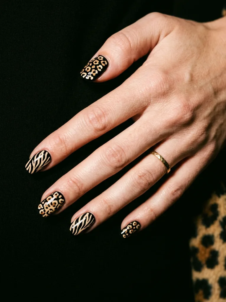 Close-up of a hand on the hip, bold cheetah and zebra print nail art