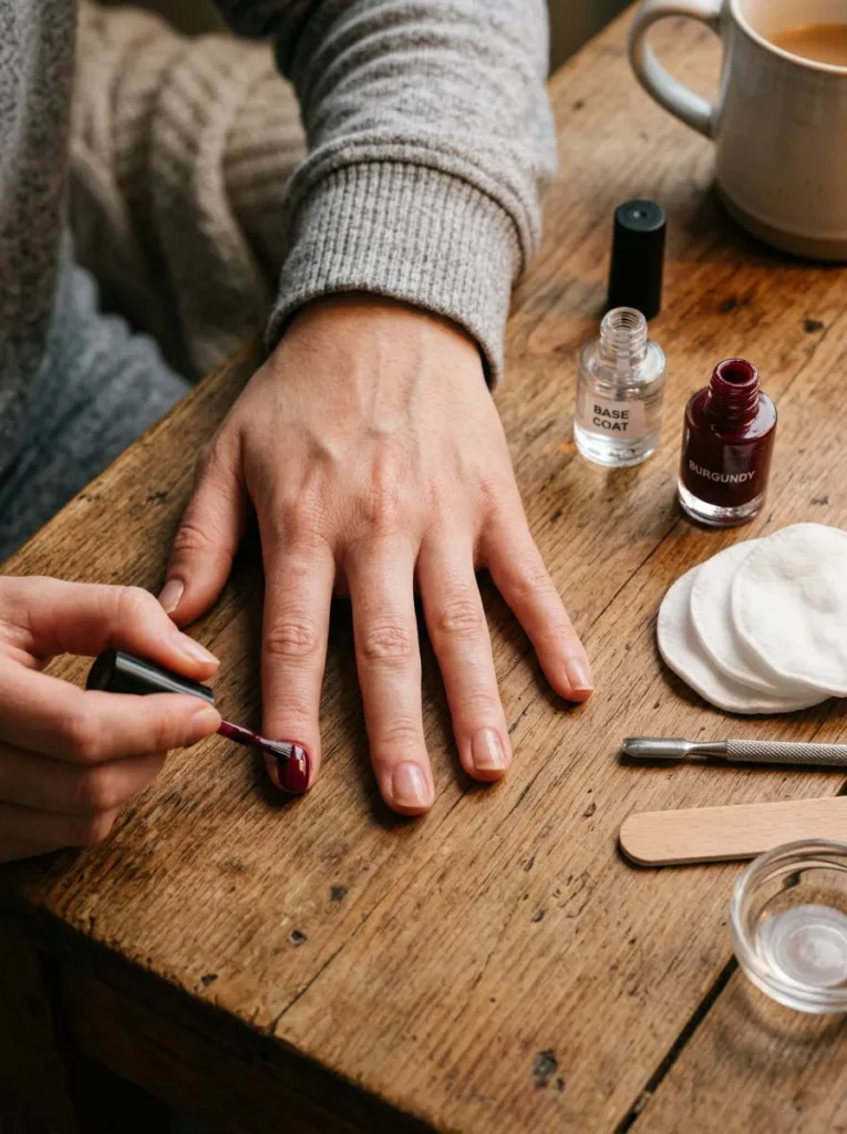 Woman applying burgundy nail polish at home with manicure tools on the table