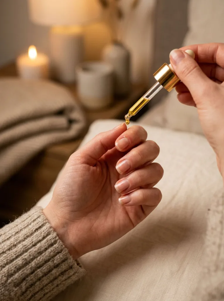 Fair-skinned hand applying cuticle oil with a dropper for short square nails winter care
