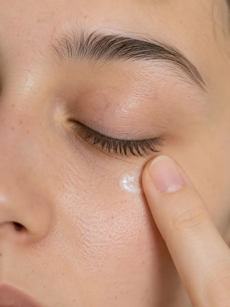 Close-up of a woman applying eye cream gently with her ring finger under the eye