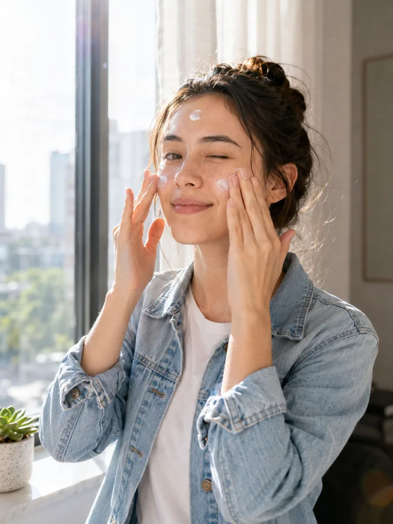Woman applying sunscreen to her face by a sunlit window before going outside